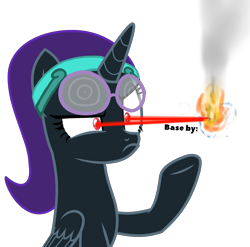 Size: 2768x2734 | Tagged: safe, artist:anonymous, oc, oc only, oc:nyx, alicorn, pony, alicorn oc, base used, black fur, clothes, frown, headband, high res, horn, laser beams, purple hair, raised hoof, signature, simple background, solo, transparent background, wings