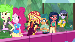 Size: 1920x1080 | Tagged: safe, screencap, cherry crash, desert sage, doodle bug, micro chips, pinkie pie, sunset shimmer, equestria girls, equestria girls specials, g4, my little pony equestria girls: better together, my little pony equestria girls: sunset's backstage pass, background human, bare shoulders, female, geode of empathy, geode of sugar bombs, magical geodes, male, sleeveless, strapless