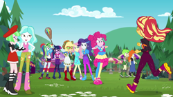 Size: 1920x1080 | Tagged: safe, screencap, applejack, cherry crash, drama letter, fluttershy, golden hazel, paisley, pinkie pie, rainbow dash, rarity, sci-twi, sunset shimmer, twilight sparkle, watermelody, equestria girls, equestria girls series, g4, sunset's backstage pass!, spoiler:eqg series (season 2), boots, female, high heel boots, humane five, humane seven, humane six, music festival outfit, rainbow dash's paddle, shoes, sneakers