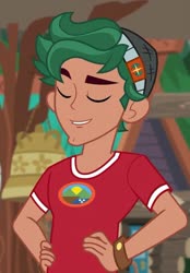 Size: 741x1067 | Tagged: safe, screencap, timber spruce, equestria girls, g4, my little pony equestria girls: legend of everfree, camp everfree logo, camp everfree outfits, cropped, eyes closed, male, smiling