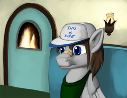 Size: 990x765 | Tagged: safe, artist:warskunk, oc, oc only, oc:fuselight, pony, cap, fire, hat, male, solo, stallion, this is fine
