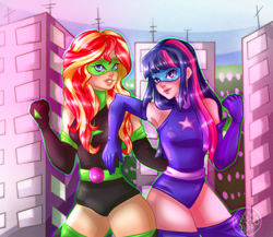 Size: 3000x2600 | Tagged: safe, artist:uselessfeles, sunset shimmer, twilight sparkle, human, armpits, boots, duo, duo female, female, humanized, looking at you, magic gaia, shoes, superhero, thigh boots, ultra shimmer
