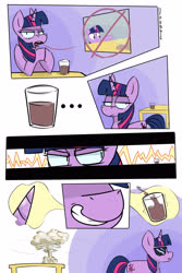 Size: 2000x3000 | Tagged: safe, artist:difis, artist:furseiseki, twilight sparkle, pony, unicorn, g4, chocolate, chocolate milk, comic, cool guys don't look at explosions, deal with it, exploitable meme, explosion, female, food, high res, magic, meme, milk, pure unfiltered evil, smiling, smirk, solo, spilled milk, sunglasses, table, xk-class end-of-the-milk scenario