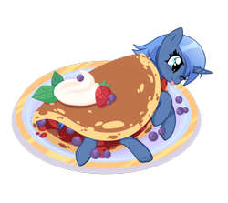 Size: 1600x1425 | Tagged: safe, artist:arshe12, oc, oc only, oc:double colon, pony, unicorn, berry, food, one eye closed, pancakes, plate, simple background, solo, strawberry, tongue out, transparent background, whipped cream, wink, ych result