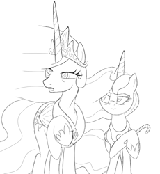 Size: 1123x1220 | Tagged: safe, artist:anonymous, princess celestia, princess luna, alicorn, pony, g4, 4chan, clerks, drawthread, duo, female, high, jay and silent bob, mare, monochrome, ponified, royal sisters, simple background, white background