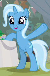 Size: 484x740 | Tagged: safe, screencap, trixie, pony, unicorn, g4, student counsel, bipedal, cropped, cute, diatrixes, female, mare, open mouth, raised hoof, smiling, solo