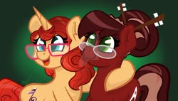 Size: 1280x727 | Tagged: safe, artist:cadetredshirt, oc, oc only, oc:cadetpone, oc:harmonic key, earth pony, pony, unicorn, artificial intelligence, cutie mark, female, glasses, green eyes, hair bun, hairpin, horn, hug, looking at someone, open mouth, smiling, turquoise eyes, two toned mane, two toned tail, watermark