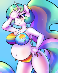 Size: 1500x1875 | Tagged: safe, artist:talimingi, edit, princess celestia, rainbow dash, alicorn, pegasus, anthro, g4, alternate hairstyle, anthro with ponies, belly, belly button, big belly, bikini, blushing, breasts, busty princess celestia, clothes, commission, female, hair over one eye, hand on hip, implied rainbow dash, mare, ponytail, preglestia, pregnant, pregnant edit, rainbow bikini, rainbow dash bikini, rainbow underwear, smiling, solo, swimsuit, underwear
