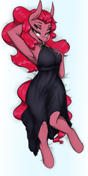 Size: 498x1000 | Tagged: safe, artist:kennzeichen, oc, oc only, oc:four eyes, anthro, armpits, bedroom eyes, black dress, body pillow, body pillow design, clothes, dress, female, looking at you, lying down, lying on bed, solo, tongue out