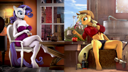 Size: 3840x2160 | Tagged: safe, artist:whiteskyline, applejack, rarity, earth pony, unicorn, anthro, unguligrade anthro, g4, 3d, alcohol, apple, applejack daniel's, breasts, busty applejack, busty rarity, factory, farm, female, food, grand piano, high res, lesbian, looking at each other, musical instrument, piano, ship:rarijack, shipping, source filmmaker, sweet apple acres, toolbox, whiskey, wrench