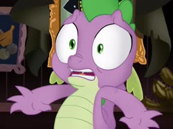 Size: 2732x2048 | Tagged: safe, artist:justsomepainter11, screencap, spike, dragon, g4, my little pony: the movie, capper's house, cropped, high res, male, panicking, scared, scene interpretation, screaming, solo, wide eyes