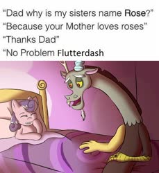 Size: 509x555 | Tagged: safe, discord, screwball, g4, implied flutterdash, implied fluttershy, implied lesbian, implied rainbow dash, implied shipping, meme, ponified meme, thanks dad