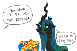 Size: 1024x674 | Tagged: safe, artist:hakar-kerarmor, queen chrysalis, changeling, changeling queen, g4, crying, dialogue, female, food, implied princess cadance, mare, meat, meme, mushroom, offscreen character, peetzer, pepperoni, pepperoni pizza, pizza, simple background, white background, you have to eat all the eggs