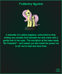 Size: 504x605 | Tagged: safe, artist:dipfanken, fluttershy, pony, fallout equestria, game: fallout equestria: remains, g4, figurine, game, game screencap, ministry mares, ministry mares statuette, solo, text
