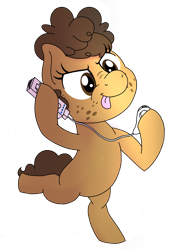 Size: 1200x1600 | Tagged: safe, artist:toyminator900, oc, oc only, oc:binky, hybrid, pony, zony, bipedal, female, filly, freckles, nunchuck, simple background, solo, stripes, tongue out, transparent background, wii, wii remote, younger