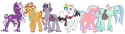 Size: 5800x1581 | Tagged: safe, artist:kittyhint, applejack, fluttershy, pinkie pie, rainbow dash, rarity, twilight sparkle, bird, earth pony, pegasus, pony, unicorn, worm, g4, accessory, clothes, earth pony fluttershy, glasses, goggles, horn, jewelry, mane six, multicolored hair, multicolored mane, multicolored tail, pegasus pinkie pie, race swap, redesign, saddle bag, scarf, simple background, transparent background, wings
