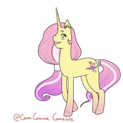Size: 1024x1024 | Tagged: safe, artist:camcommecamelote, fluttershy, pony, unicorn, g4, female, fluttershy (g5 concept leak), g5 concept leak style, g5 concept leaks, long hair, race swap, redesign, simple background, solo, unicorn fluttershy, white background