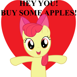 Size: 3900x3900 | Tagged: safe, artist:poniesmemes, edit, apple bloom, earth pony, pony, g4, adorabloom, apple, buy some apples, cute, female, filly, food, heart, high res, looking at you, simple background, text, white background