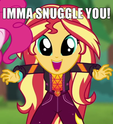 Size: 550x600 | Tagged: safe, edit, edited screencap, screencap, pinkie pie, sunset shimmer, equestria girls, g4, my little pony equestria girls: choose your own ending, wake up!, wake up!: pinkie pie, caption, cropped, cute, dilated pupils, female, geode of empathy, geode of sugar bombs, image macro, imma snuggle you, incoming hug, magical geodes, meme, shimmerbetes, snuggles?, solo focus, sugar rush, text