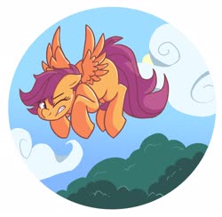 Size: 2048x1995 | Tagged: safe, artist:modularpon, scootaloo, pegasus, pony, g4, blank flank, eye clipping through hair, female, flying, scenery, scootaloo can fly, sidemouth, solo, spread wings, tree, wings