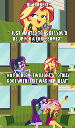 Size: 640x1080 | Tagged: safe, edit, edited screencap, screencap, sci-twi, sunset shimmer, twilight sparkle, equestria girls, equestria girls series, g4, text support, caption, cellphone, comic, dialogue, female, geode of empathy, geode of telekinesis, image macro, implied lesbian, implied scitwishimmer, implied sex, implied shipping, implied straight, implied threesome, implied timber spruce, implied timbershimmer, implied timbertwi, magical geodes, meme, phone, screencap comic, smartphone, talking, text, text support: sunset shimmer, troll