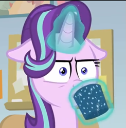 Size: 565x576 | Tagged: safe, screencap, starlight glimmer, pony, unicorn, g4, marks for effort, chocolate, cropped, drink, drinking, empathy cocoa, female, floppy ears, food, glowing, glowing cup, glowing horn, horn, hot chocolate, lifting, mare, shrunken pupils, solo, starlight glimmer is not amused, starlight's office, unamused