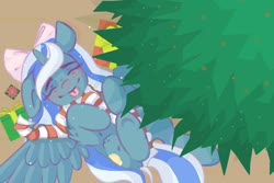 Size: 1280x854 | Tagged: safe, artist:macyw, oc, oc only, oc:fleurbelle, alicorn, pony, adorabelle, adorable face, alicorn oc, bow, christmas, christmas tree, clothes, cute, eyes closed, female, hair bow, holiday, horn, mare, on back, present, scarf, tongue out, tree