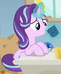 Size: 368x450 | Tagged: safe, screencap, starlight glimmer, pony, unicorn, g4, marks for effort, chocolate, cropped, drink, drinking, empathy cocoa, female, food, glowing cup, glowing horn, hooves on the table, horn, hot chocolate, levitation, lifting, looking at something, magic, mare, marshmallow, sitting, solo, starlight's office, telekinesis