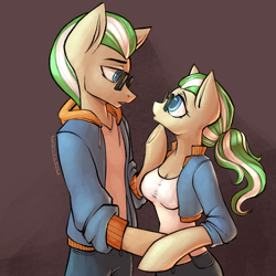 Size: 2048x2048 | Tagged: safe, artist:earthpone, oc, oc only, oc:enigma, oc:enigmare, earth pony, semi-anthro, arm hooves, breasts, clone, clothes, eye contact, female, glasses, high res, implied selfcest, jacket, looking at each other, love, male, mare, ponytail, r63 paradox, romantic, rule 63, self ponidox, sensual, shipping, stallion, waist up