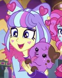 Size: 576x720 | Tagged: safe, screencap, kiwi lollipop, princess thunder guts, supernova zap, dog, equestria girls, g4, lost and pound, lost and pound: rarity, my little pony equestria girls: better together, cropped, cute, female, k-lo, offscreen character, postcrush, su-z, su-z-betes
