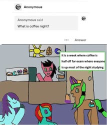 Size: 1029x1201 | Tagged: safe, artist:ask-luciavampire, oc, pegasus, pony, unicorn, tumblr:ask-ponys-university, 1000 hours in ms paint, ask, coffee, school, tumblr