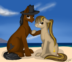 Size: 2645x2267 | Tagged: safe, artist:dreamyartcosplay, oc, oc only, earth pony, pony, beach, cloud, earth pony oc, female, grin, hat, high res, male, mare, signature, sitting, smiling, stallion