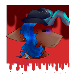 Size: 1221x1170 | Tagged: safe, artist:snowflakecrystalyt, oc, oc only, oc:sidewinder, lamia, original species, pony, snake, snake pony, black sclera, blood, bust, colored sclera, commission, ear piercing, earring, fangs, fedora, female, hat, jewelry, mare, piercing, tattoo