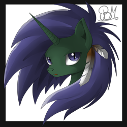 Size: 2000x2000 | Tagged: safe, artist:dreamyartcosplay, oc, oc only, oc:silver dream, pony, bust, feather, female, high res, mare, nightmarified, signature, simple background, solo, transparent background