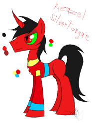 Size: 888x1150 | Tagged: safe, artist:didun850, oc, oc only, oc:azazel silvertongue, pony, unicorn, clothes, grin, horn, red and black oc, reference sheet, signature, simple background, slit pupils, smiling, solo, transparent background, unicorn oc
