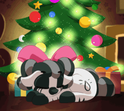 Size: 920x825 | Tagged: safe, artist:n0nnny, oc, oc only, oc:munyu, zebra, animated, bow, christmas, christmas tree, cute, floppy ears, frame by frame, gif, gift art, holiday, indoors, present, secret santa, sleeping, squigglevision, tree, zebra oc