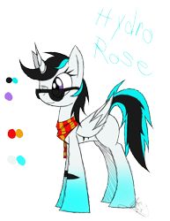 Size: 888x1150 | Tagged: safe, artist:didun850, oc, oc only, oc:hydro rose, alicorn, pony, alicorn oc, clothes, female, horn, mare, one eye closed, reference sheet, scarf, signature, simple background, sunglasses, text, transparent background, wink