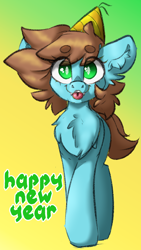 Size: 1332x2368 | Tagged: safe, artist:spoopygander, oc, oc only, oc:neko, earth pony, pony, :p, chest fluff, ear fluff, earth pony oc, fangs, female, gradient background, hat, looking at you, mare, party hat, solo, text, tongue out