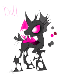 Size: 888x1150 | Tagged: safe, artist:didun850, oc, oc only, oc:dull, changeling, changeling oc, fangs, looking back, pink changeling, raised hoof, reference sheet, signature, simple background, solo, text, transparent background