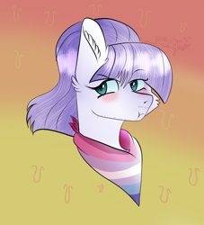 Size: 922x1017 | Tagged: safe, artist:snowflakecrystalyt, oc, oc only, oc:glimmering shores, earth pony, pony, :t, bandana, bigender, bigender pride flag, bust, commission, facial hair, female, mare, ponytail, pouting, pride, pride flag, solo