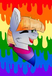 Size: 591x859 | Tagged: safe, artist:snowflakecrystalyt, oc, oc only, oc:silver slate (ice1517), earth pony, pony, bandana, bisexual pride flag, bust, commission, female, mare, one eye closed, open mouth, pride, pride flag, rainbow, rainbow background, solo, wink