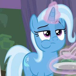 Size: 450x448 | Tagged: safe, screencap, trixie, pony, student counsel, cropped, eating, female, glowing horn, horn, levitation, lidded eyes, magic, plate, puffy cheeks, raised eyebrow, solo, spoon, telekinesis