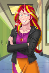 Size: 600x890 | Tagged: safe, artist:eli-pic, sunset shimmer, human, equestria girls, g4, canterlot high, clothes, equestria girls outfit, female, grin, hallway, human coloration, humanized, lockers, looking at you, smiling, solo