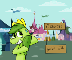 Size: 1196x1000 | Tagged: safe, artist:merpzy, earth pony, pony, alternate universe, celery jack, female, food stand, mare, solo, sweat