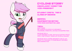 Size: 2800x2000 | Tagged: safe, artist:triplesevens, oc, oc only, oc:cyclone stormy, pegasus, pony, clothes, high res, sash, school uniform, simple background, text