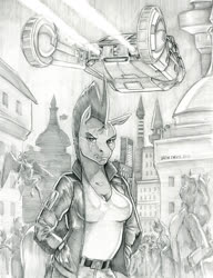 Size: 999x1300 | Tagged: safe, artist:baron engel, tempest shadow, unicorn, anthro, g4, blade runner, breasts, broken horn, busty tempest shadow, clothes, eye scar, female, grayscale, horn, jacket, mare, monochrome, pencil drawing, scar, solo focus, spinner (blade runner), story included, traditional art, vehicle