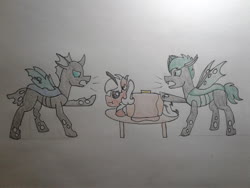 Size: 2576x1932 | Tagged: safe, artist:stemthebug, oc, oc:eco stigma, oc:mimesis, oc:stem bedstraw, changeling, moth, mothpony, original species, pony, argument, food, green changeling, imminent vore, pancakes, person as food, photo, traditional art