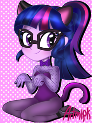 Size: 1536x2048 | Tagged: safe, artist:artmlpk, sci-twi, twilight sparkle, equestria girls, g4, adorkable, blushing, boots, bow, bowtie, cat ears, cat tail, catgirl, clothes, costume, cute, digital art, dork, female, gloves, heeled boots, kneeling, leotard, looking back, pantyhose, shoes, sitting, smiling, smiling at you, solo, twiabetes