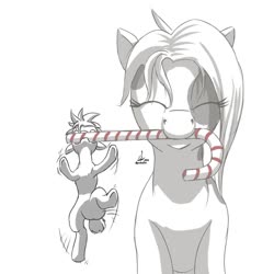 Size: 1280x1280 | Tagged: safe, artist:projectdarkfox, oc, oc only, oc:inkenel, oc:oretha, pony, candy, candy cane, food, hanging, micro, sharing, simple background, size difference, smiling
