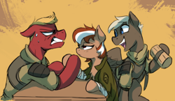 Size: 1024x593 | Tagged: safe, artist:anticular, oc, oc only, oc:ace (fallout equestria: red 36), oc:roulette, oc:twister (fallout equestria: red 36), earth pony, pegasus, pony, fallout equestria, fallout equestria: red 36, arm wrestling, armor, bored, cider, cider mug, clothes, fanfic art, female, floppy ears, gritted teeth, hoofwrestle, jacket, lidded eyes, male, mare, mug, ncr, new canterlot republic, simple background, stallion, strong, struggling, sweat, table, uniform